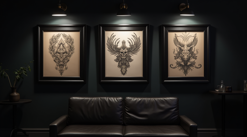 elegant_3_black_frames_on_dark_wall_containing_intricate_tattoo_design_spotlight_from_above_moody_t_z4k3sazk6ugsxukqbzxj_2